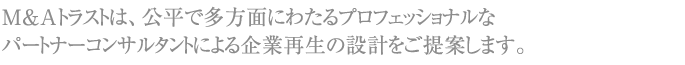 M&Aトラストは、公平で多方面にわたるプロフェッショナルなパートナーコンサルタントによる企業再生の設計をご提案いたします。